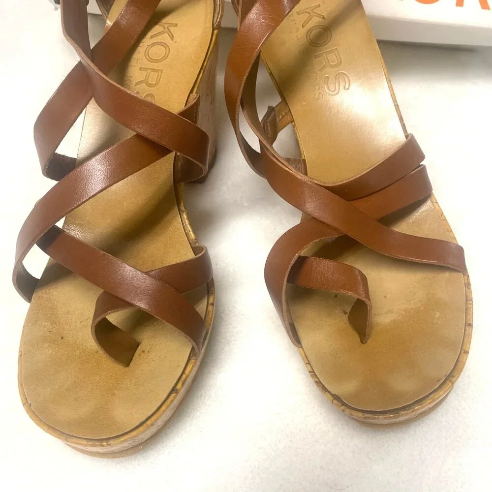 size 8.5 Michael Kors Glossy Cork Sandal, Luggage Brown Strappy Platform‎ Heel
